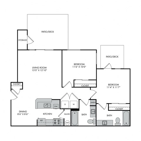 Floor plan for 2 beds, 2 baths, 1145 sqft